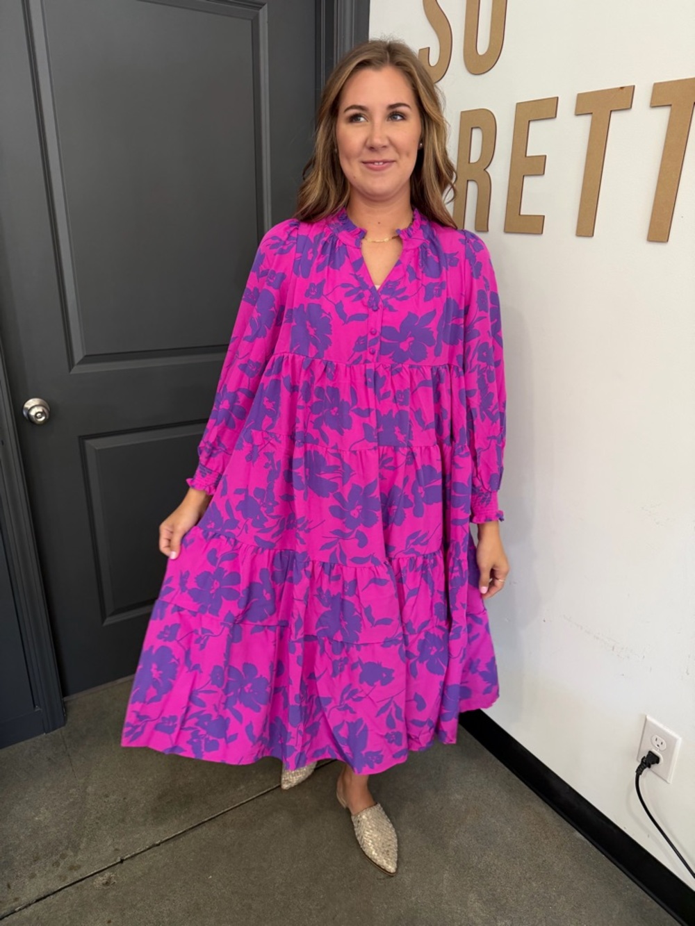 Umgee Hot Pink & Purple Floral Tiered Midi Dress - Picture 2 of 4